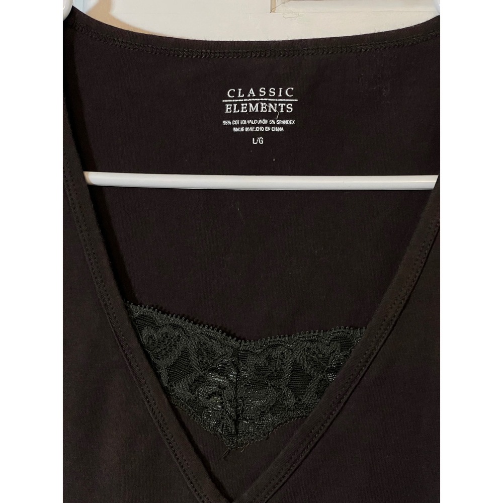 Classic Elements T-Shirt Large Cottagecore Lace Trim V-Neck Brown Short Sleeve - Picture 3 of 5